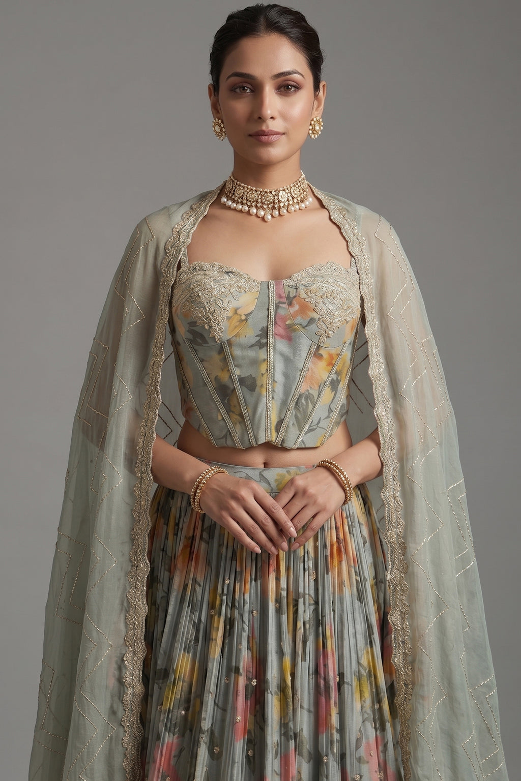 Light Sage Green Chinon Chiffon Silk Digital Floral Printed Corset Lehenga