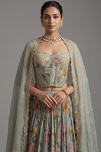 Light Sage Green Chinon Chiffon Silk Digital Floral Printed Corset Lehenga