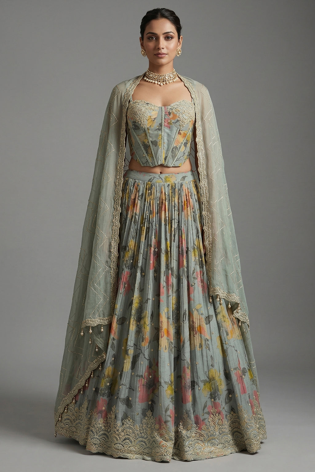 Light Sage Green Chinon Chiffon Silk Digital Floral Printed Corset Lehenga