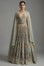 Light Sage Green Chinon Chiffon Silk Digital Floral Printed Corset Lehenga
