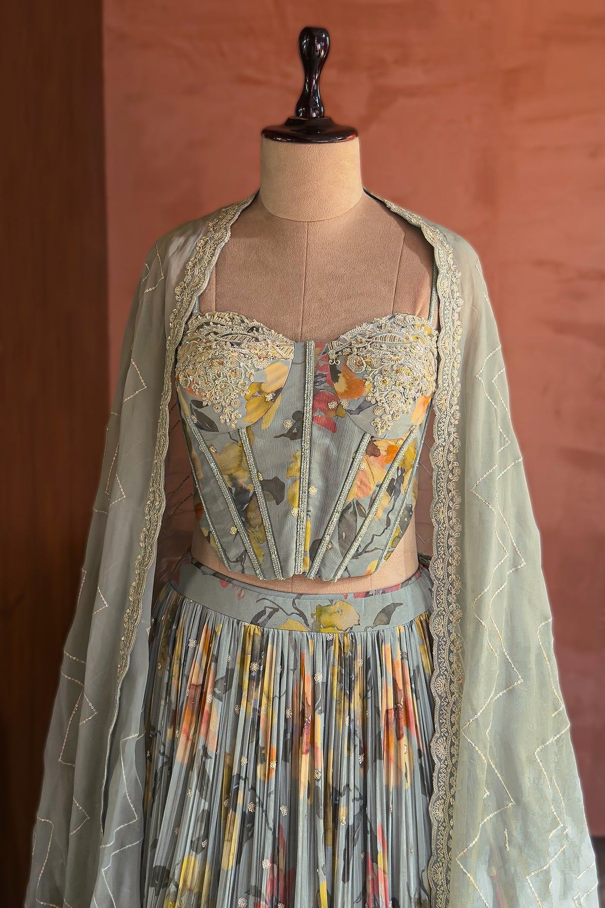 Light Sage Green Chinon Chiffon Silk Digital Floral Printed Corset Lehenga