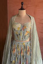 Light Sage Green Chinon Chiffon Silk Digital Floral Printed Corset Lehenga