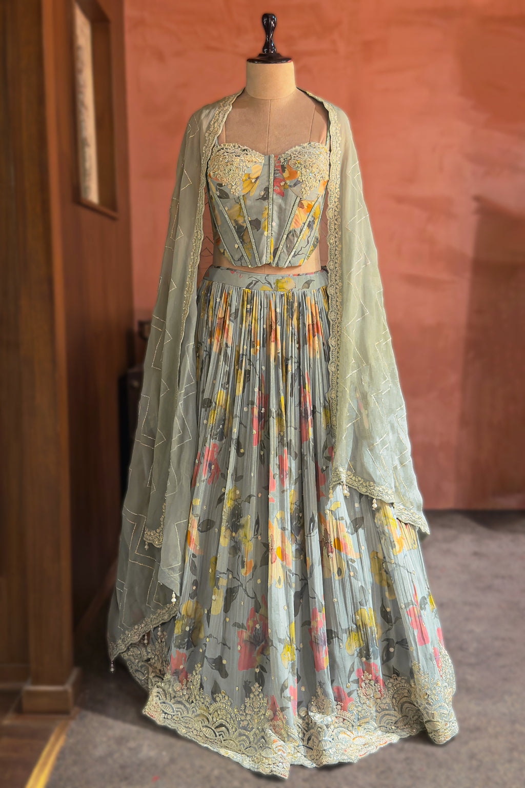 Light Sage Green Chinon Chiffon Silk Digital Floral Printed Corset Lehenga