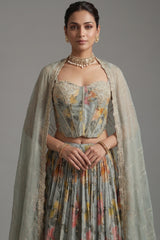 Light Sage Green Chinon Chiffon Silk Digital Floral Printed Corset Lehenga