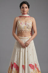 Off White Chinon Silk Floral Printed Lehenga with Shell Detailing