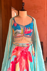 Turquoise Blue Crepe Silk Printed Lehenga with Shell Detailing
