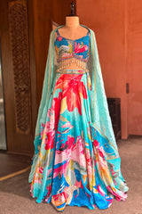 Turquoise Blue Crepe Silk Printed Lehenga with Shell Detailing
