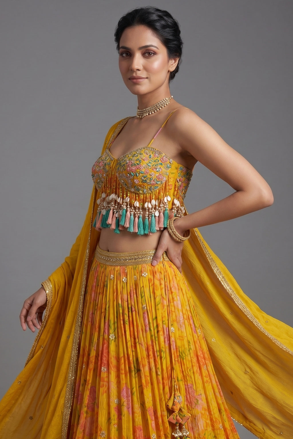 Amber Yellow Mustard Organza Printed Lehenga Set