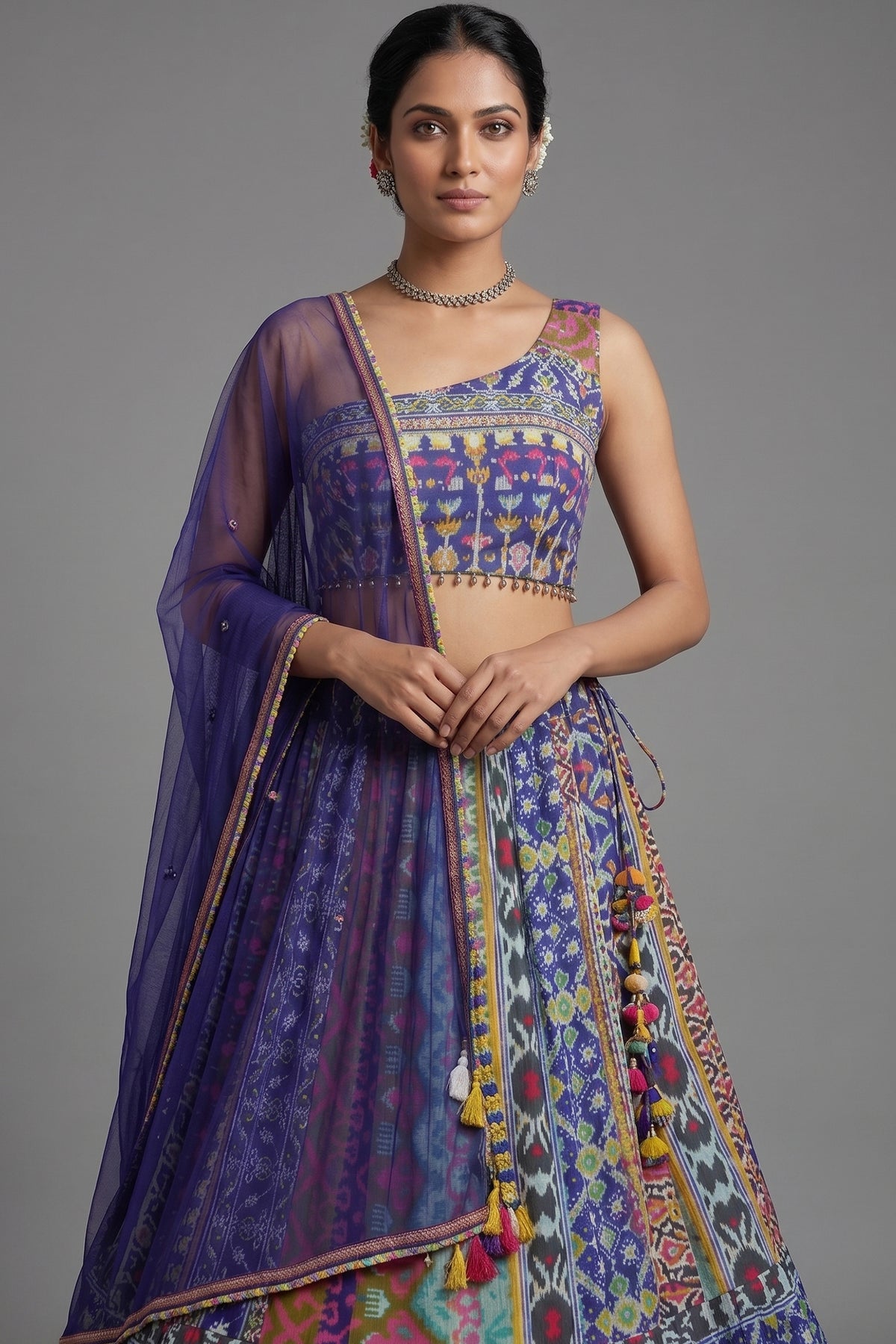Blue Crepe Silk Printed Asymmetric Neckline Lehenga Set