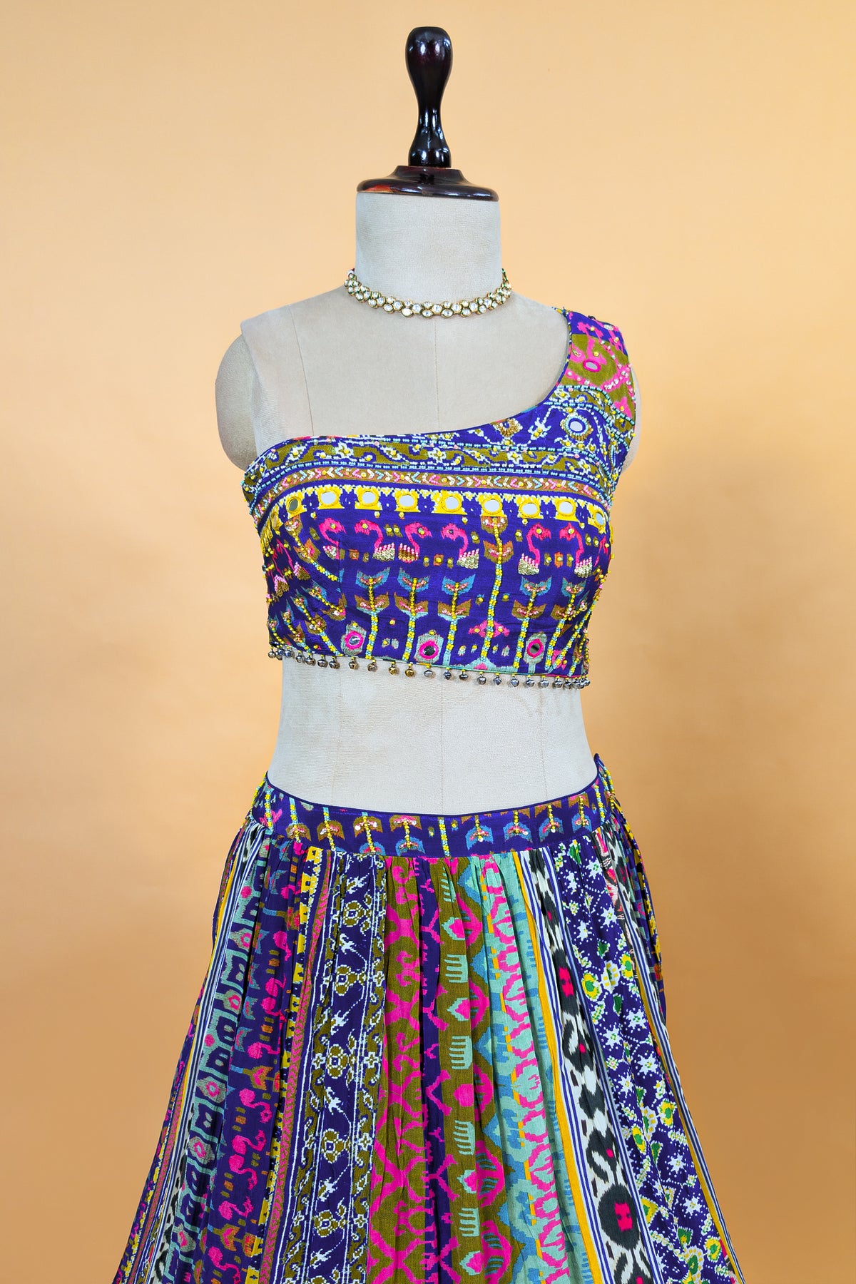 Blue Crepe Silk Printed Asymmetric Neckline Lehenga Set