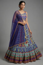 Blue Crepe Silk Printed Asymmetric Neckline Lehenga Set
