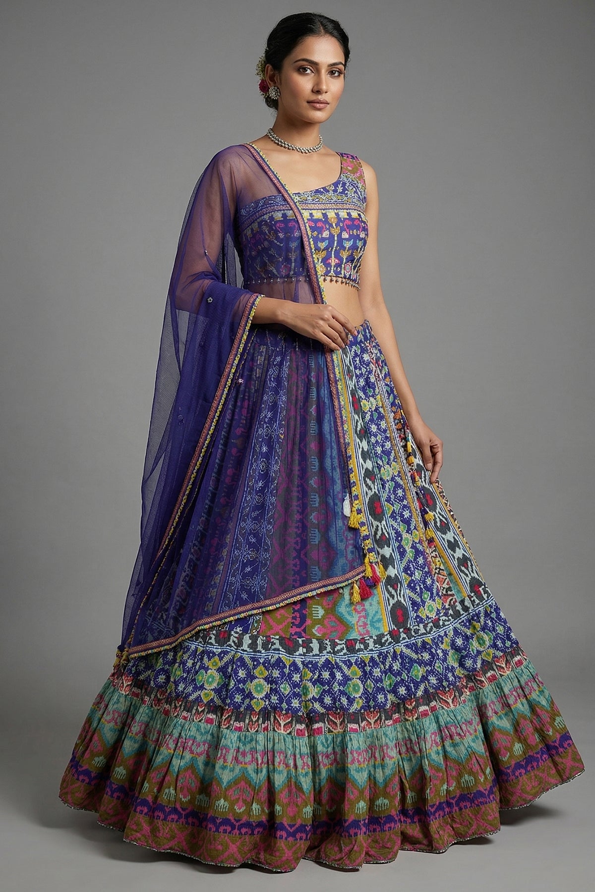 Blue Crepe Silk Printed Asymmetric Neckline Lehenga Set