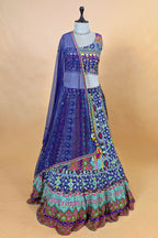 Blue Crepe Silk Printed Asymmetric Neckline Lehenga Set