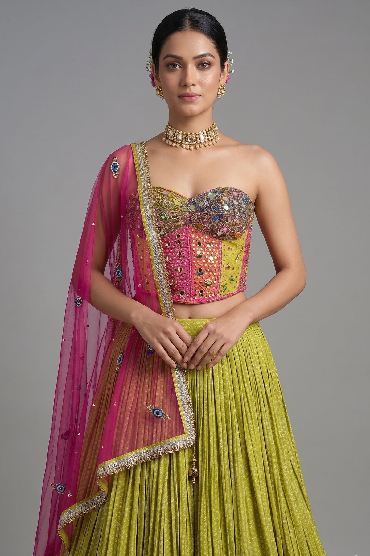 Citrine Yellow Chinon Pleated Corset Lehenga Set