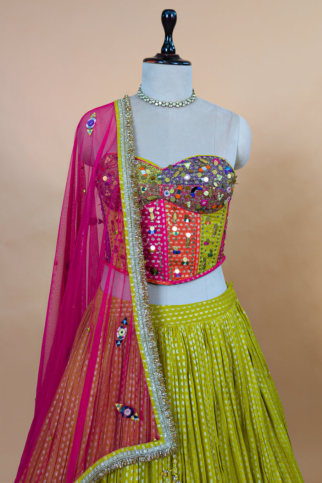 Citrine Yellow Chinon Pleated Corset Lehenga Set