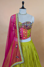 Citrine Yellow Chinon Pleated Corset Lehenga Set
