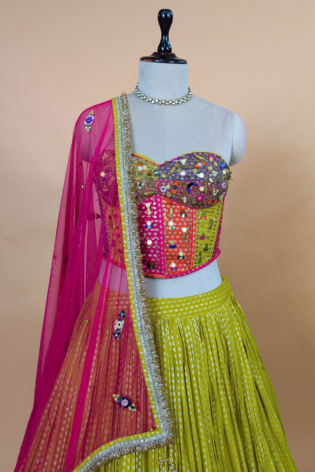 Citrine Yellow Chinon Pleated Corset Lehenga Set