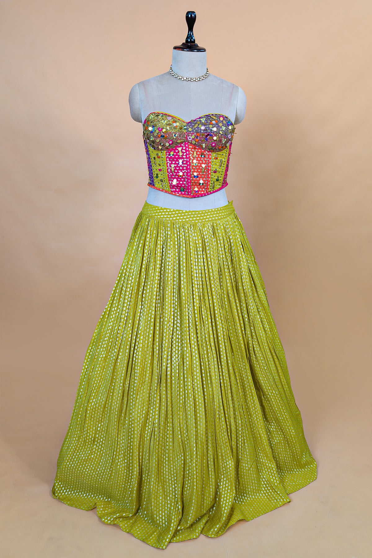 Citrine Yellow Chinon Pleated Corset Lehenga Set