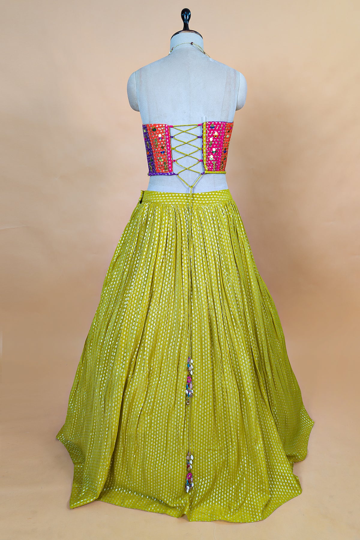 Citrine Yellow Chinon Pleated Corset Lehenga Set