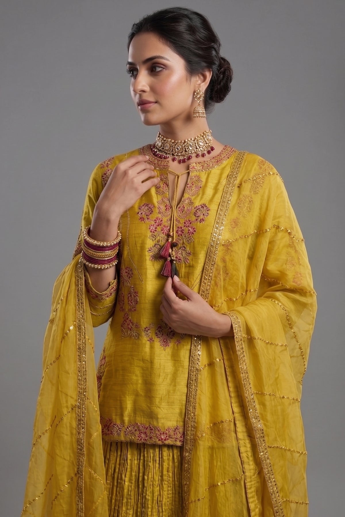 Light Yellow Chanderi Silk Sequin Embroidered Lehenga Set