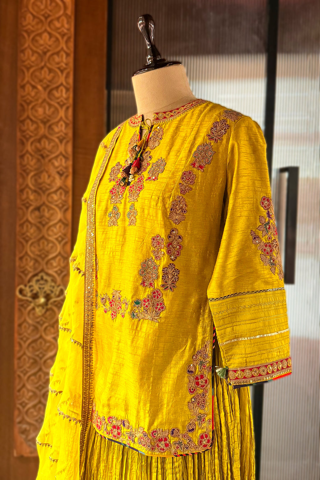 Light Yellow Chanderi Silk Sequin Embroidered Lehenga Set