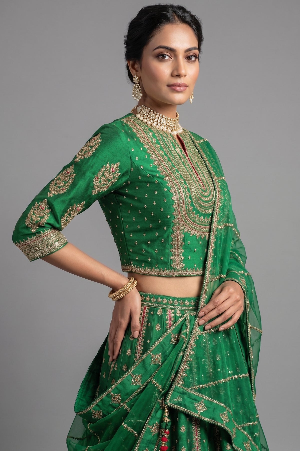 Dark Green Silk Sequin Embroidered Lehenga Set