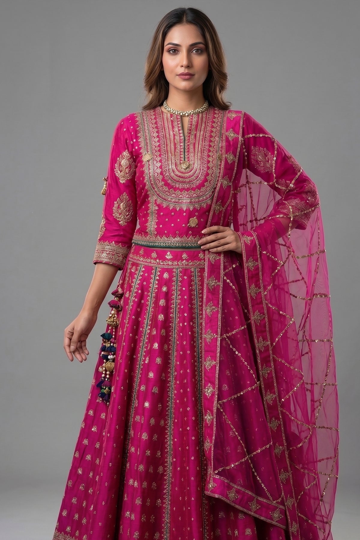 Rani Pink Silk Sequin Embroidered Lehenga Set