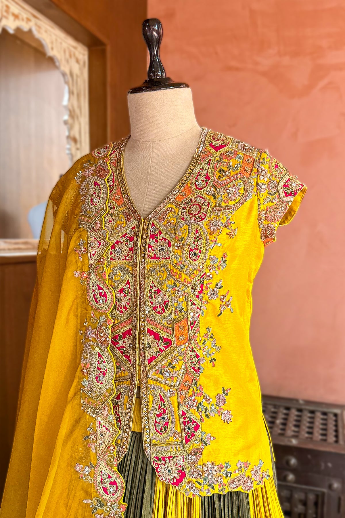 Multi Colored Chinon Shimmer Embroidered Lehenga Set