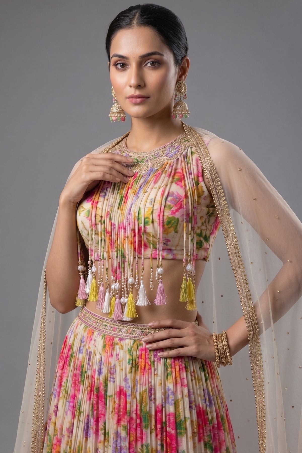 Ivory White Chinon Printed Jewel Neck Lehenga Set