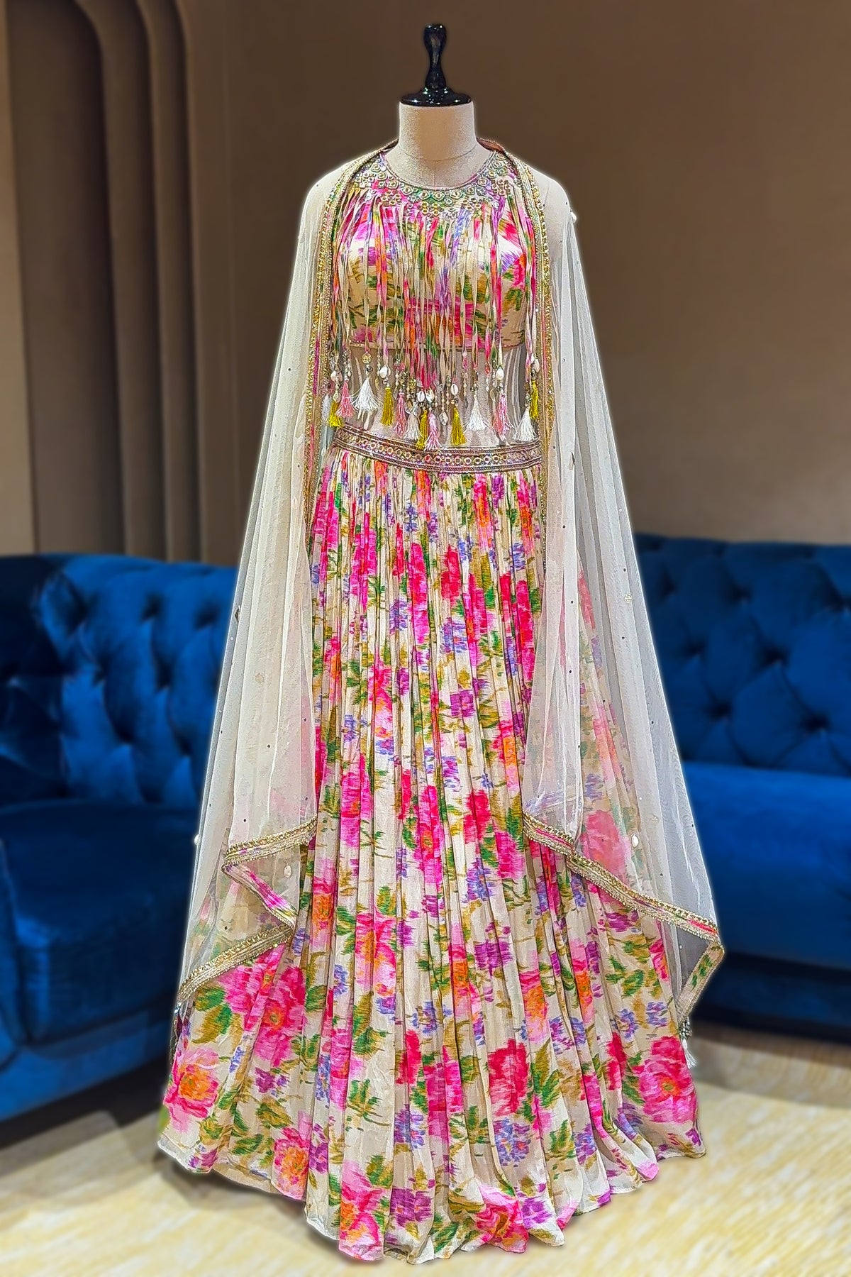 Ivory White Chinon Printed Jewel Neck Lehenga Set