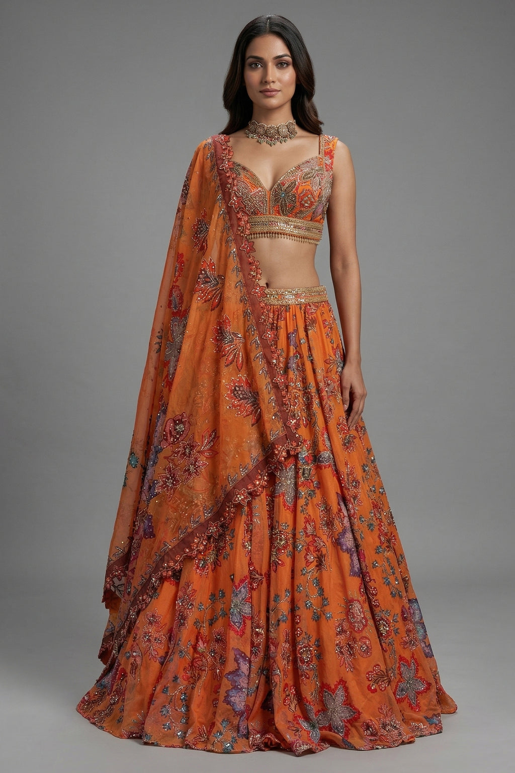 Orange Organza Floral Printed Lehenga Set with Sequin and Cutdana Work