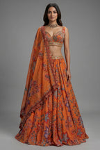 Orange Organza Floral Printed Lehenga Set with Sequin and Cutdana Work