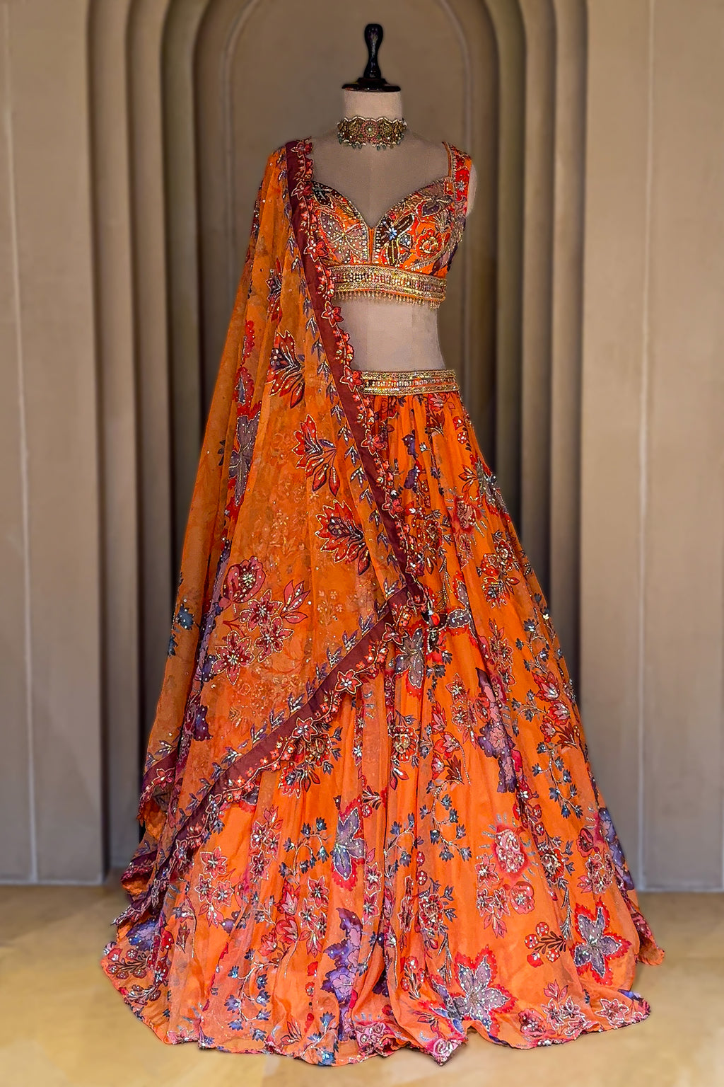 Orange Organza Floral Printed Lehenga Set with Sequin and Cutdana Work