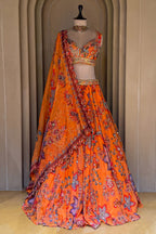 Orange Organza Floral Printed Lehenga Set with Sequin and Cutdana Work