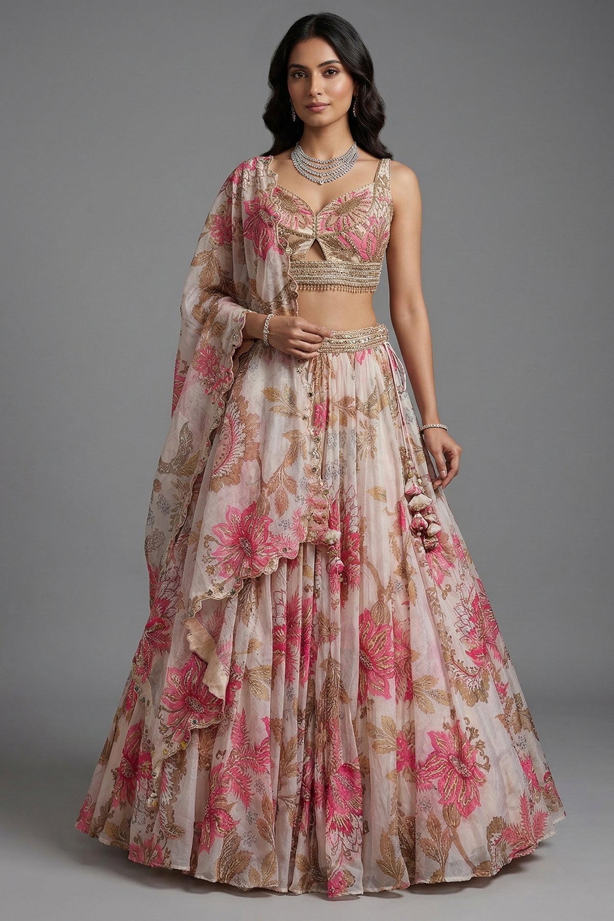 Ivory Organza Floral Printed Sequin and Cutdana Worked Lehenga