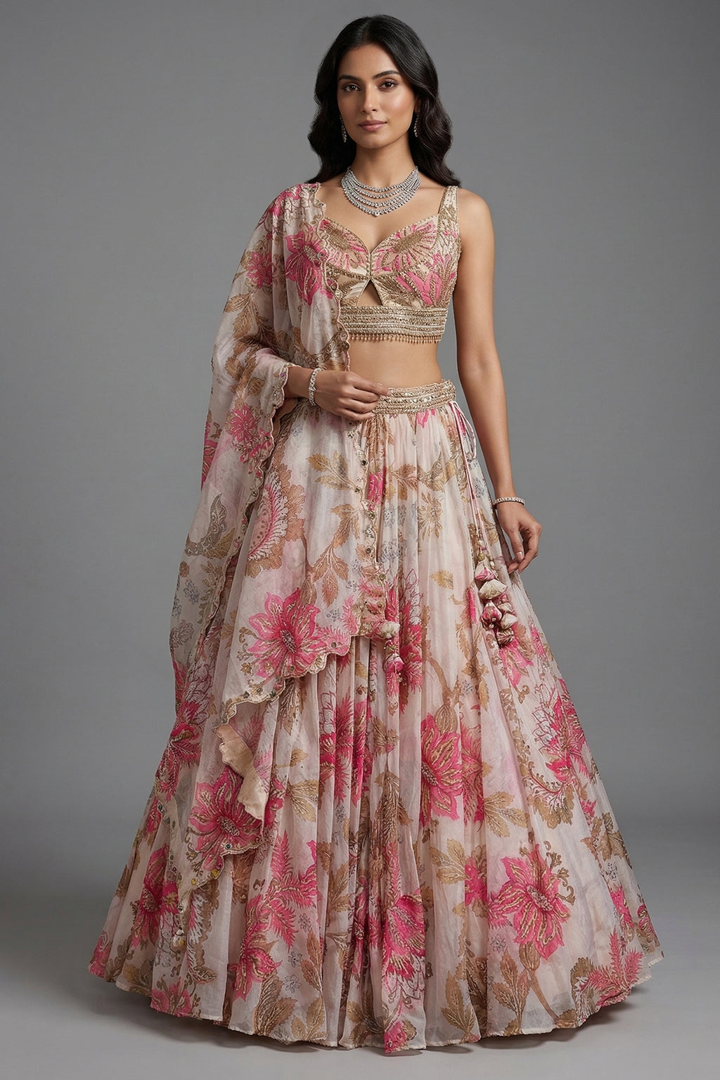 Ivory Organza Floral Printed Sequin and Cutdana Worked Lehenga