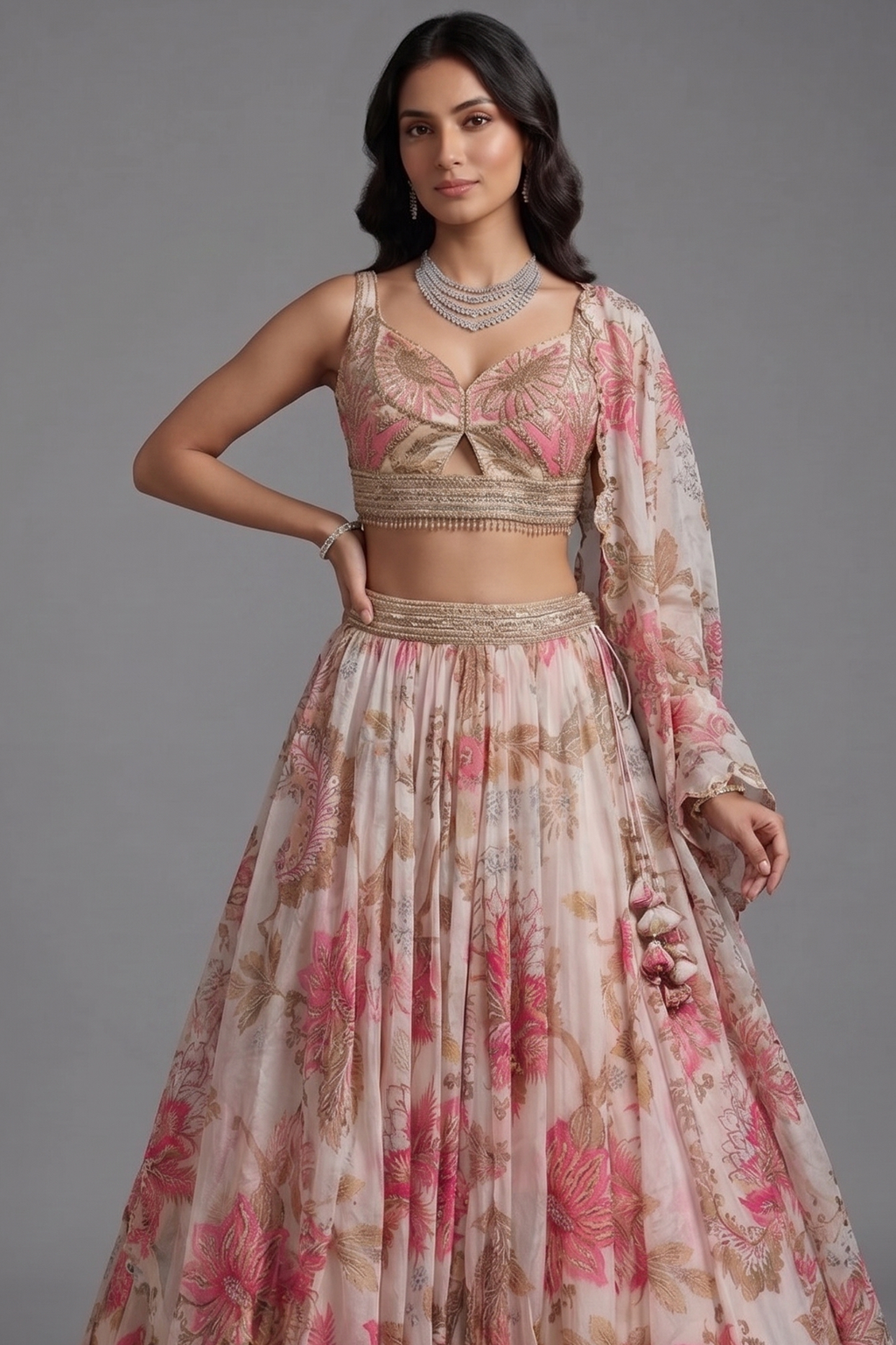 Ivory Organza Floral Printed Sequin and Cutdana Worked Lehenga