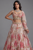 Ivory Organza Floral Printed Sequin and Cutdana Worked Lehenga
