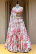 Ivory Organza Floral Printed Sequin and Cutdana Worked Lehenga