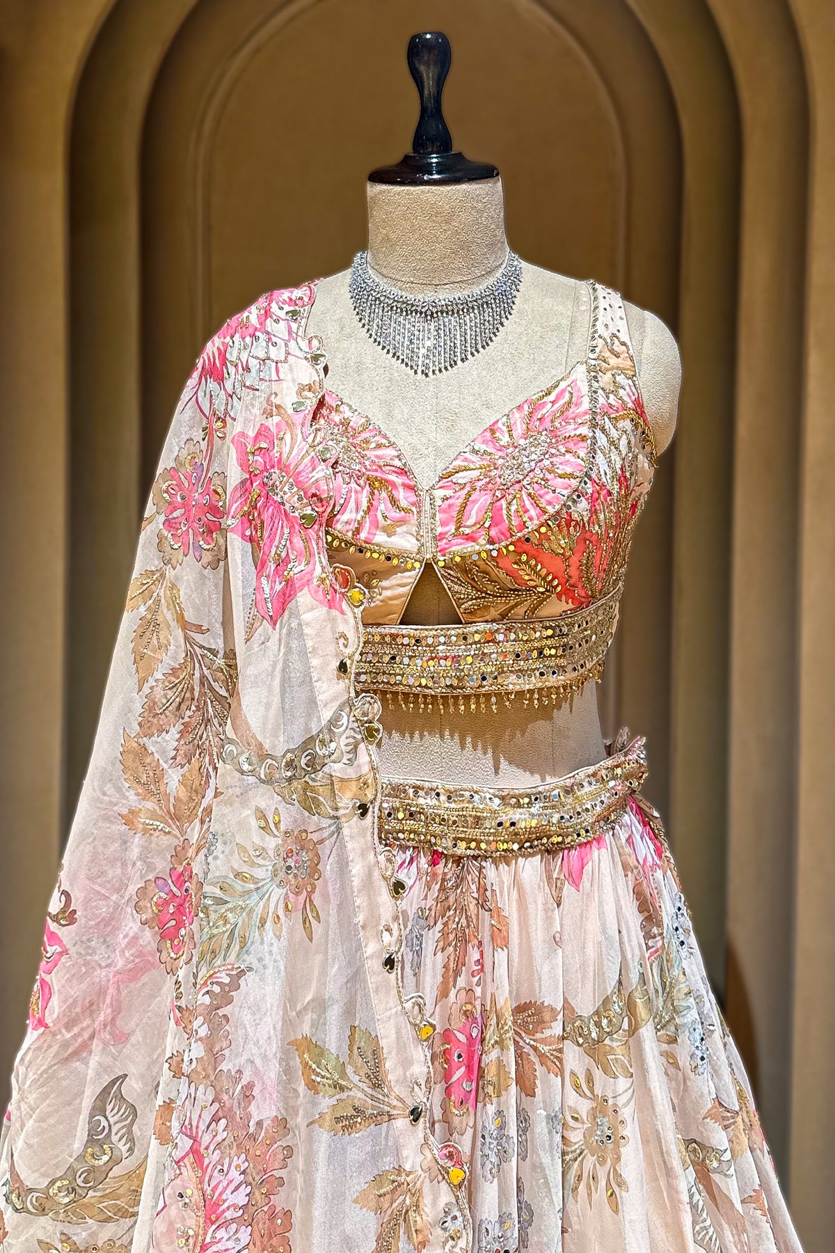 Ivory Organza Floral Printed Sequin and Cutdana Worked Lehenga
