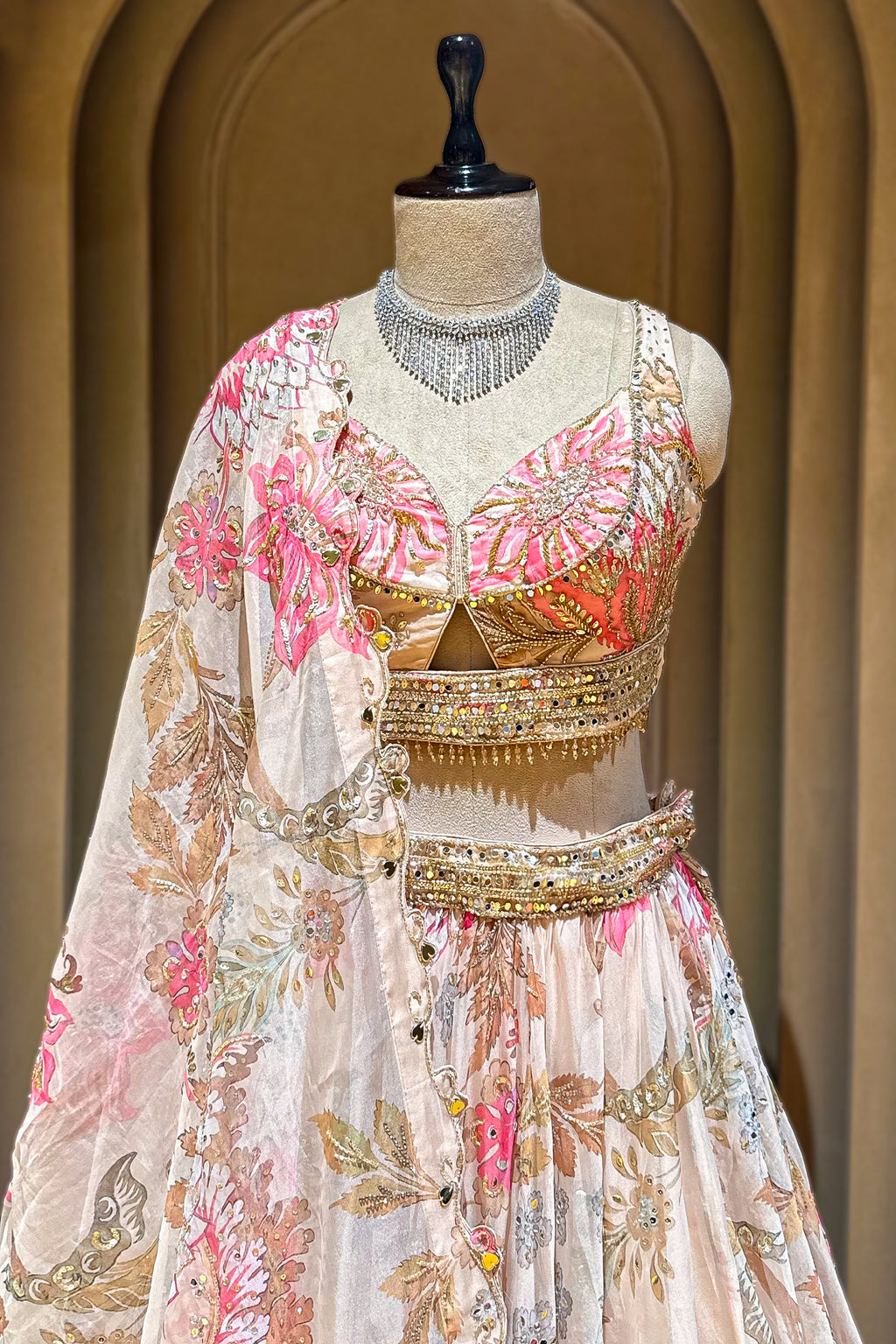 Ivory Organza Floral Printed Sequin and Cutdana Worked Lehenga