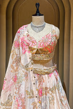 Ivory Organza Floral Printed Sequin and Cutdana Worked Lehenga