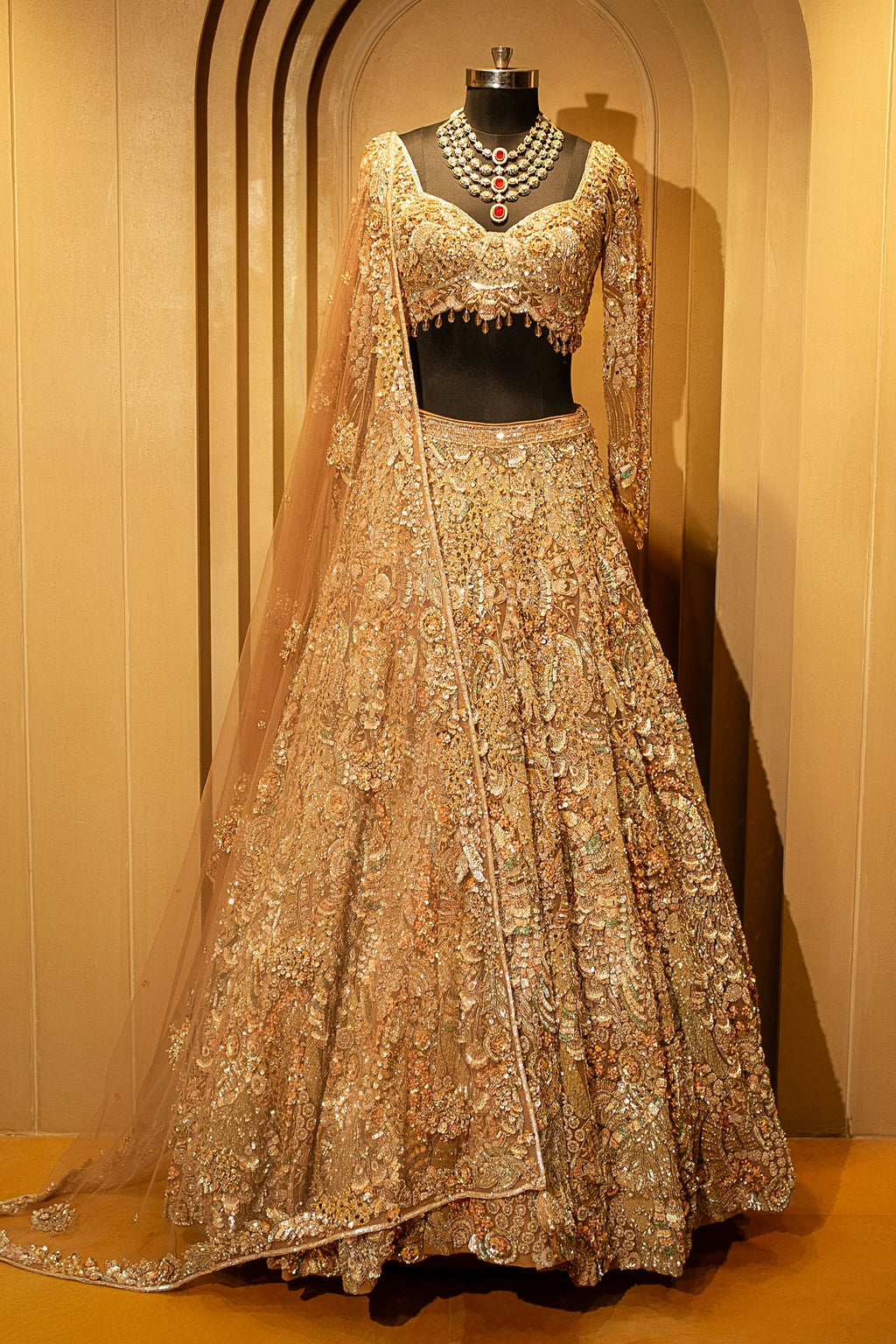 Champagne Beige Net Embellished Designer Lehenga
