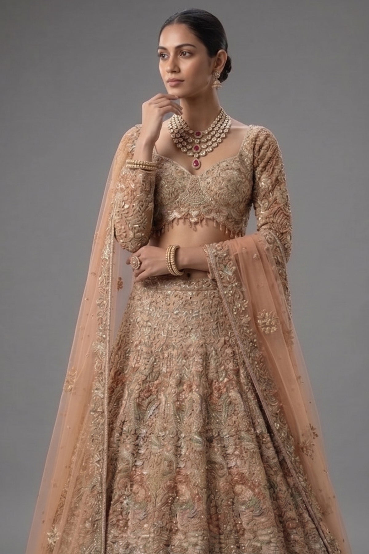 Champagne Beige Net Embellished Designer Lehenga