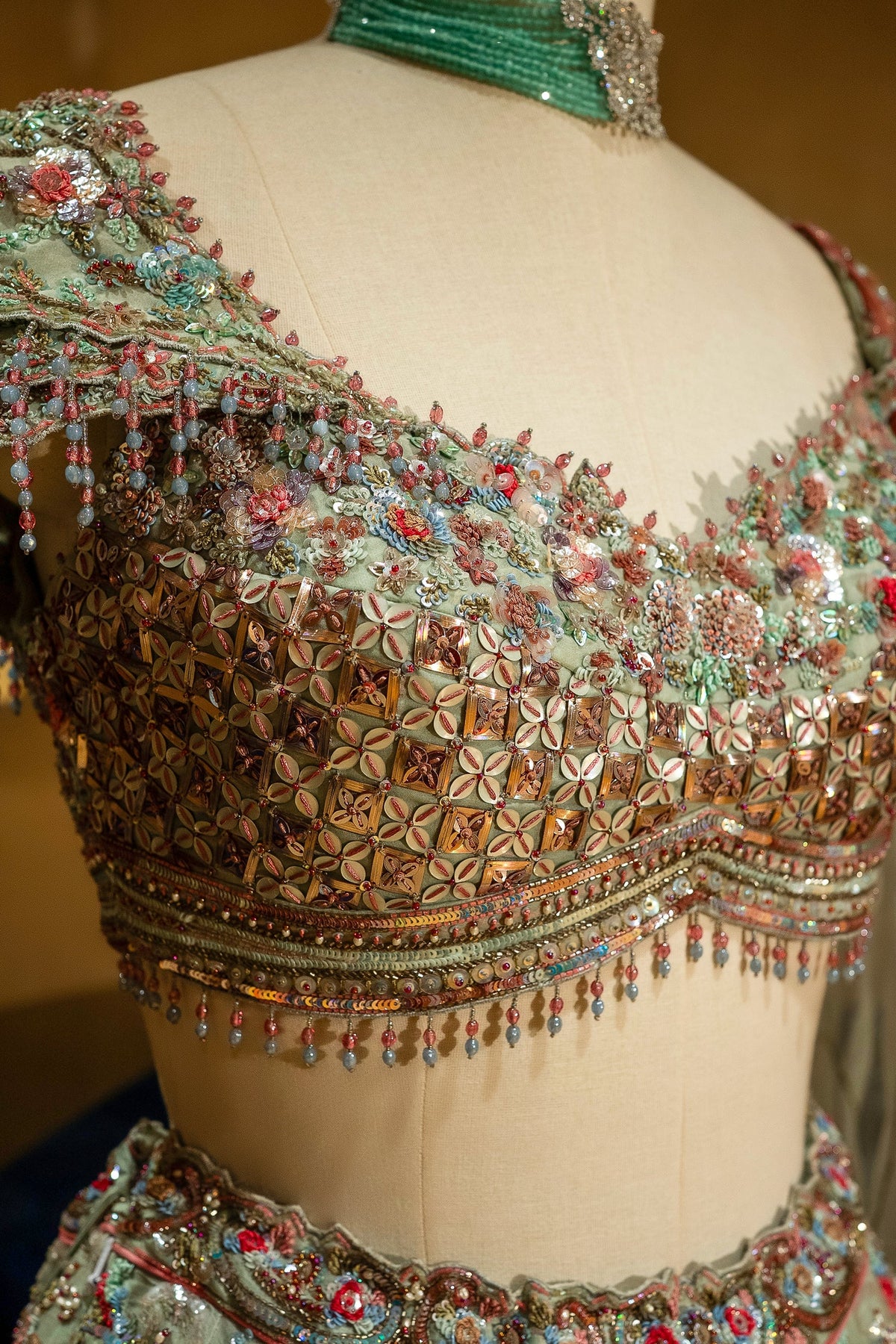 Green Organza Designer Handworked Lehenga