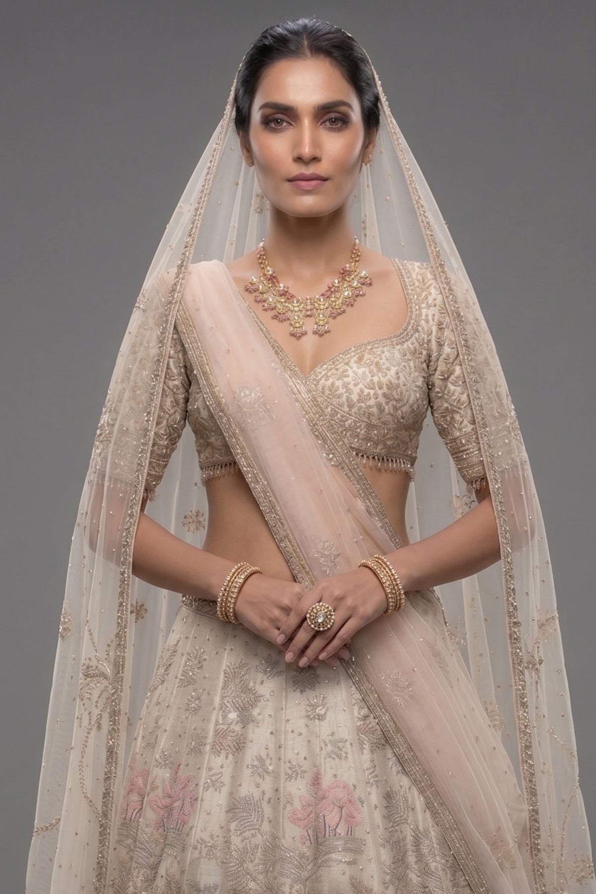 Off White Silk Flamingo Forest Embroidered Lehenga with Double Dupatta