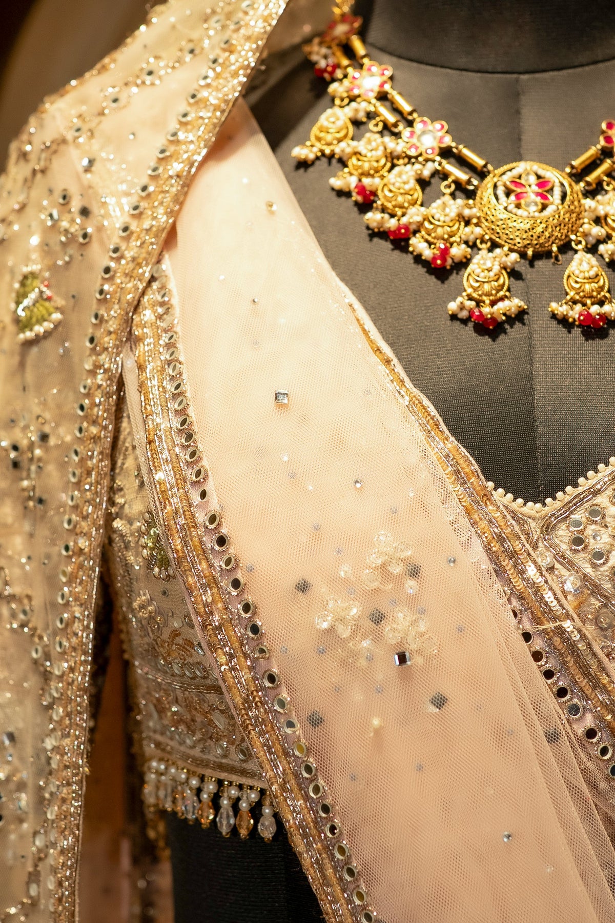Off White Silk Flamingo Forest Embroidered Lehenga with Double Dupatta