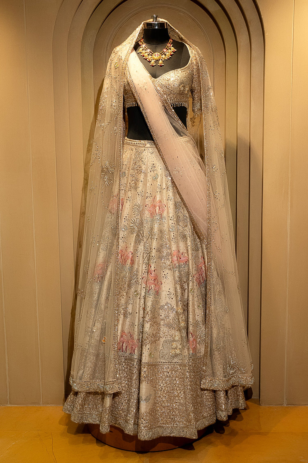 Off White Silk Flamingo Forest Embroidered Lehenga with Double Dupatta