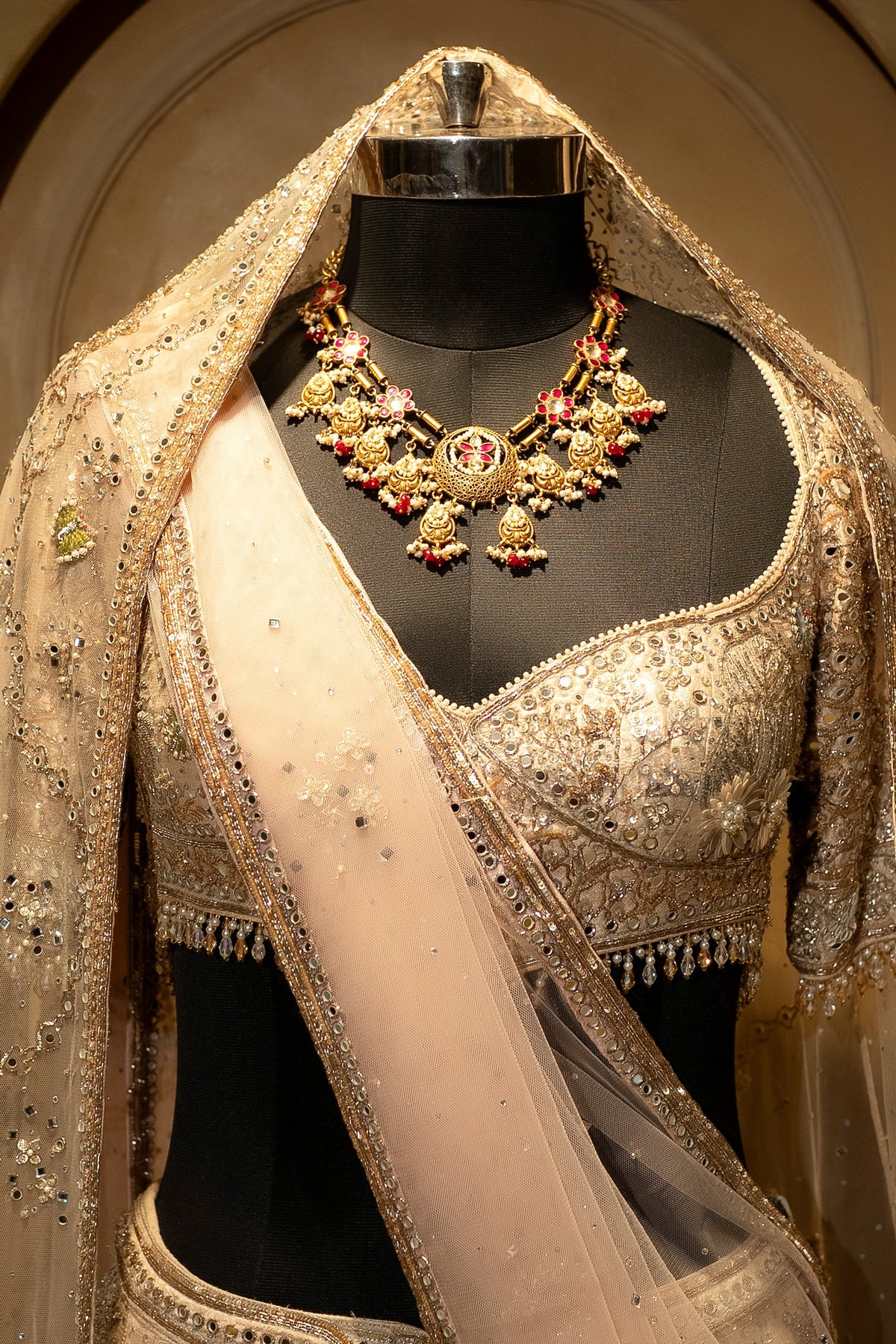 Off White Silk Flamingo Forest Embroidered Lehenga with Double Dupatta