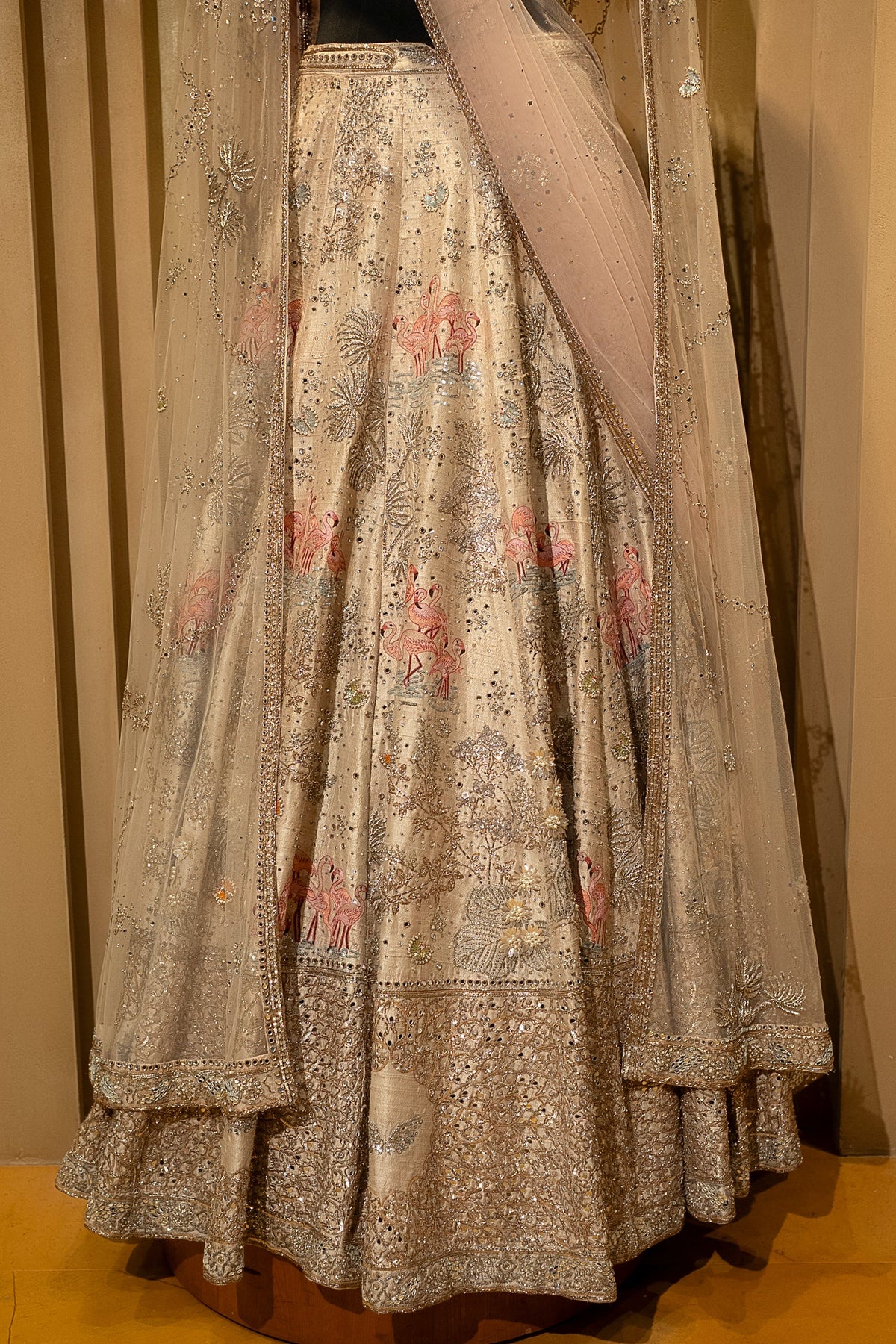Off White Silk Flamingo Forest Embroidered Lehenga with Double Dupatta